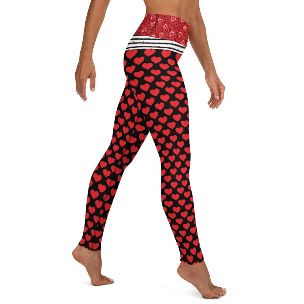 Red Hearts on Black - Yoga Leggings