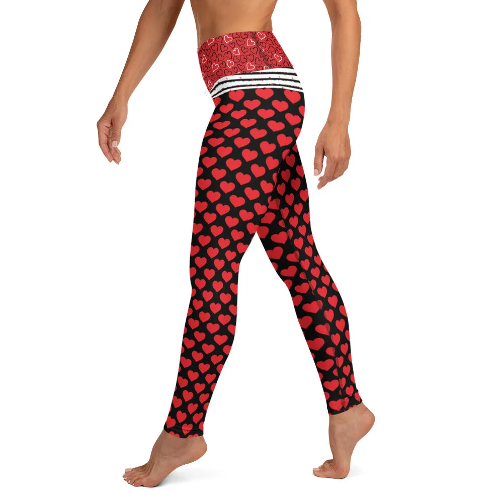 Red Hearts on Black - Yoga Leggings