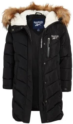 Reebok Girls' Winter Jacket - Stadium Length Quilted Puffer Parka Windbreaker Coat (7-16), Size 7-8, Awesome Black