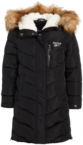 Reebok Girls' Winter Jacket - Stadium Length Quilted Puffer Parka Windbreaker Coat (7-16), Size 7-8, Awesome Black