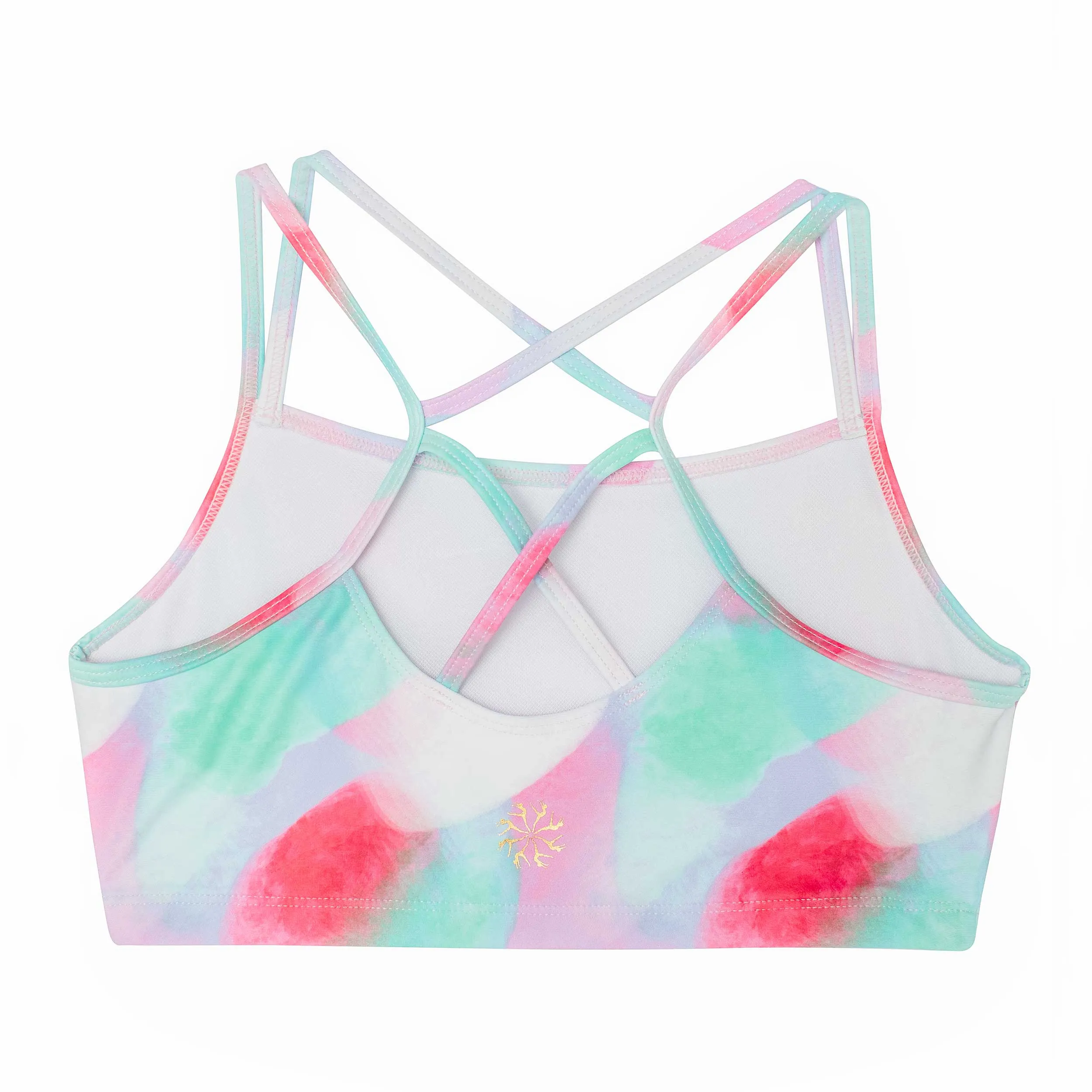 Remi: Criss-Cross Back Bra Crop Top in Mod Future Print