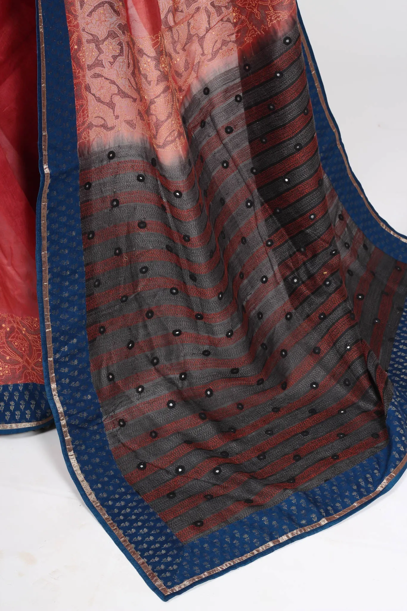 Rust Kantha Tussar Saree