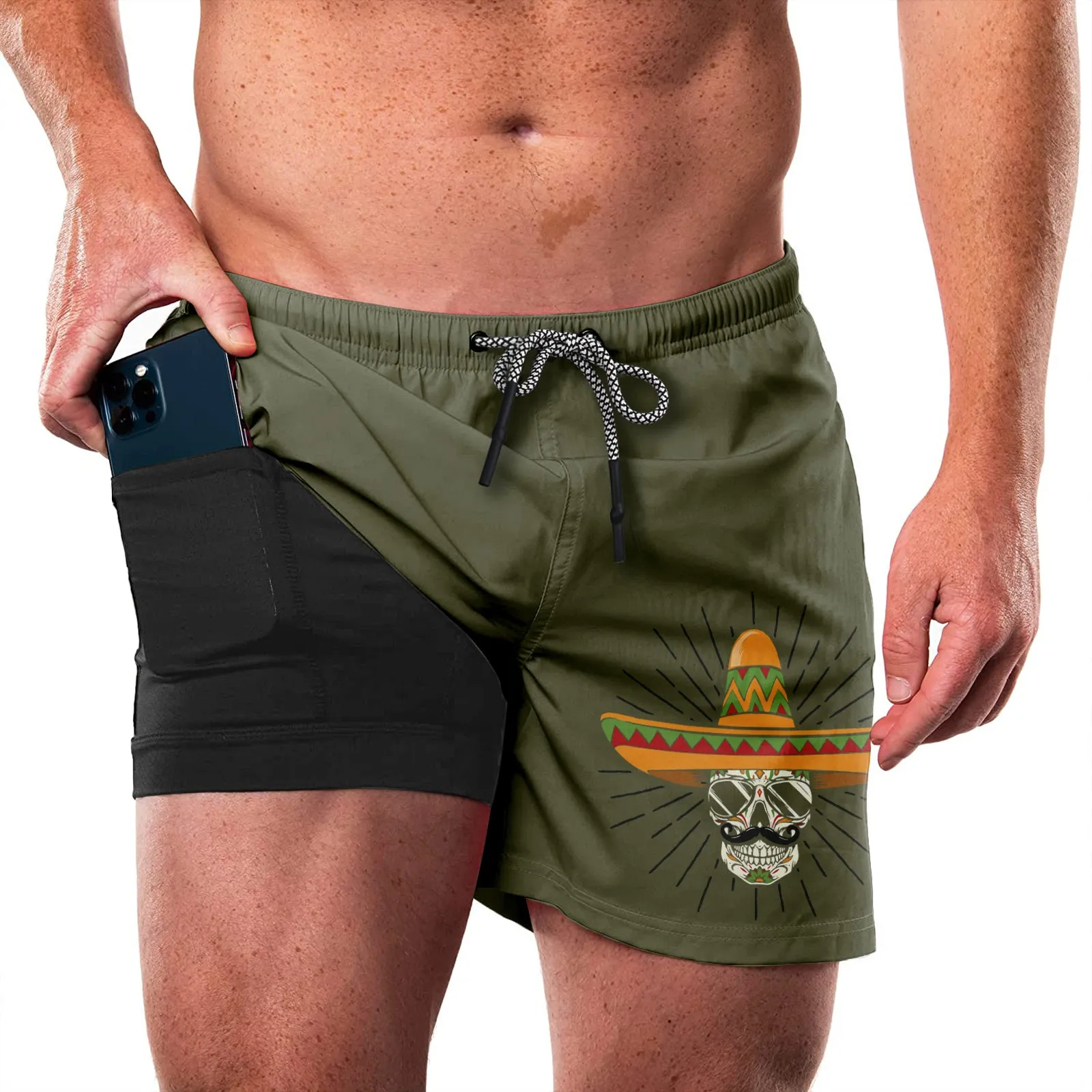 SKULL STRAW HAT QUICKDRY POCKET 2 IN 1 7'' INSEAM RUNNING SHORTS