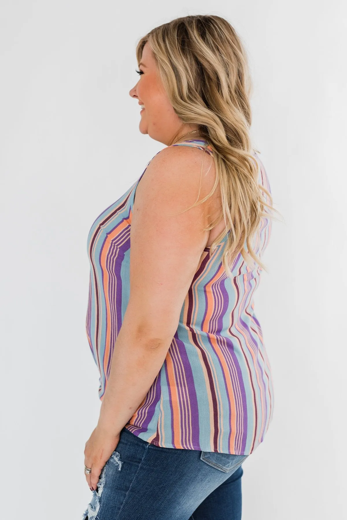 Sounds Good To Me Striped Tank Top- Light Blue & Orange Tones