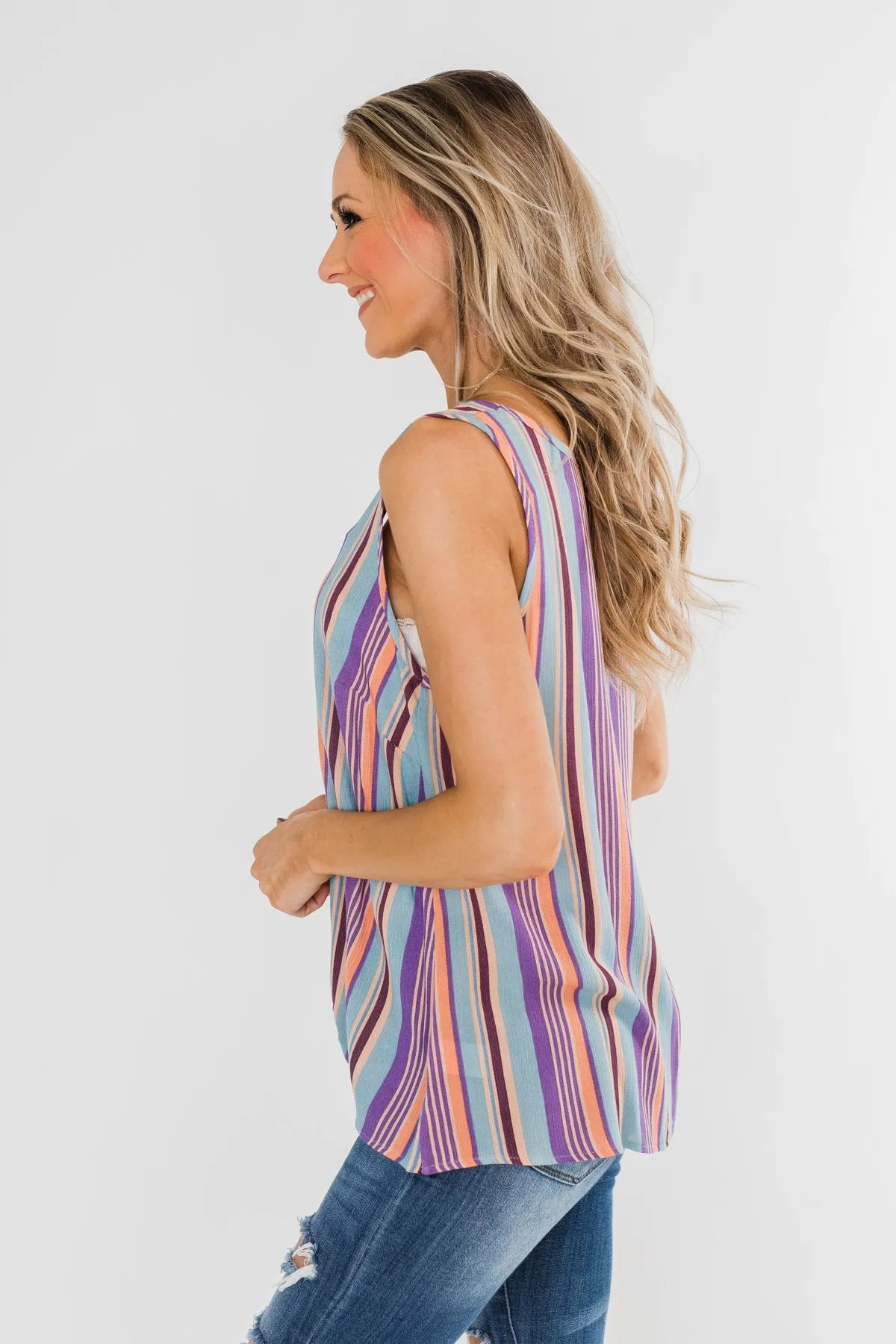 Sounds Good To Me Striped Tank Top- Light Blue & Orange Tones