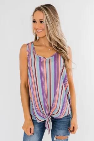 Sounds Good To Me Striped Tank Top- Light Blue & Orange Tones