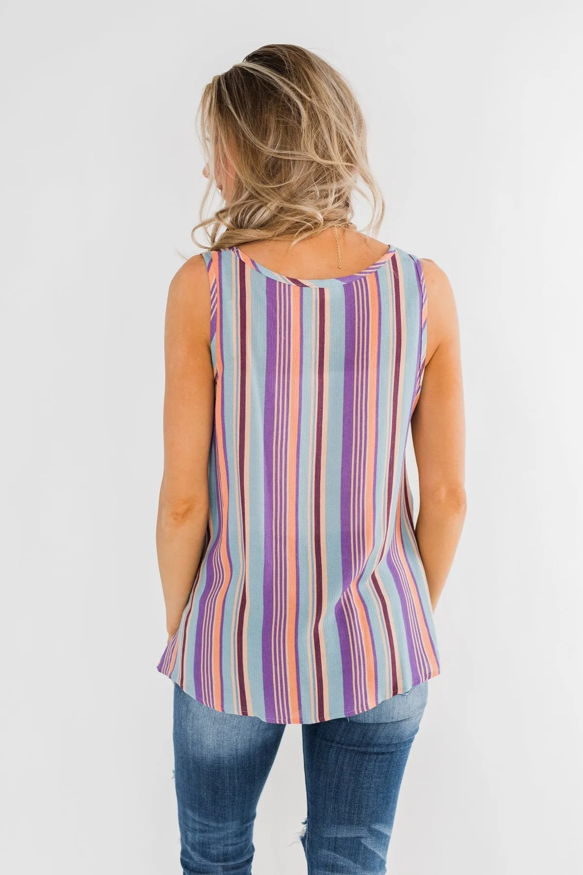 Sounds Good To Me Striped Tank Top- Light Blue & Orange Tones