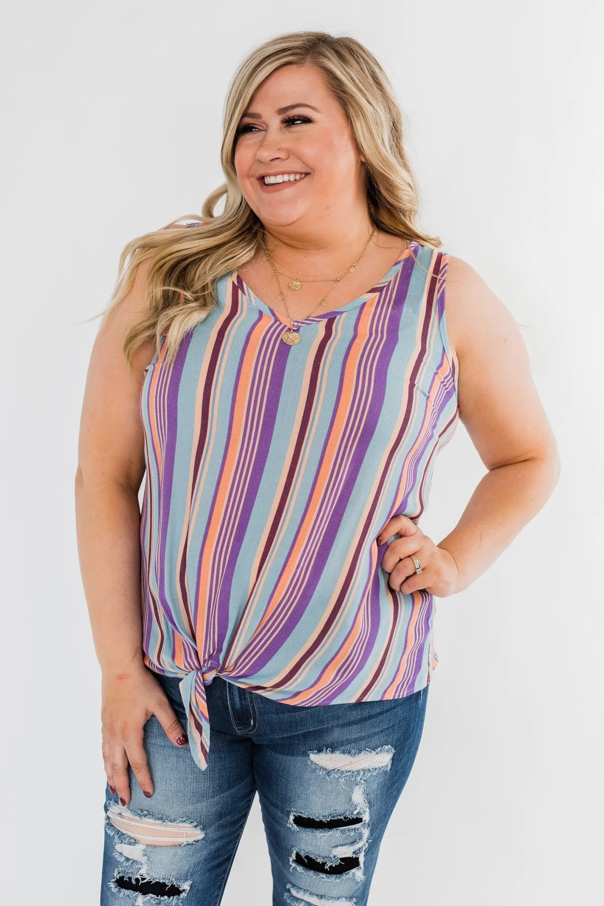 Sounds Good To Me Striped Tank Top- Light Blue & Orange Tones