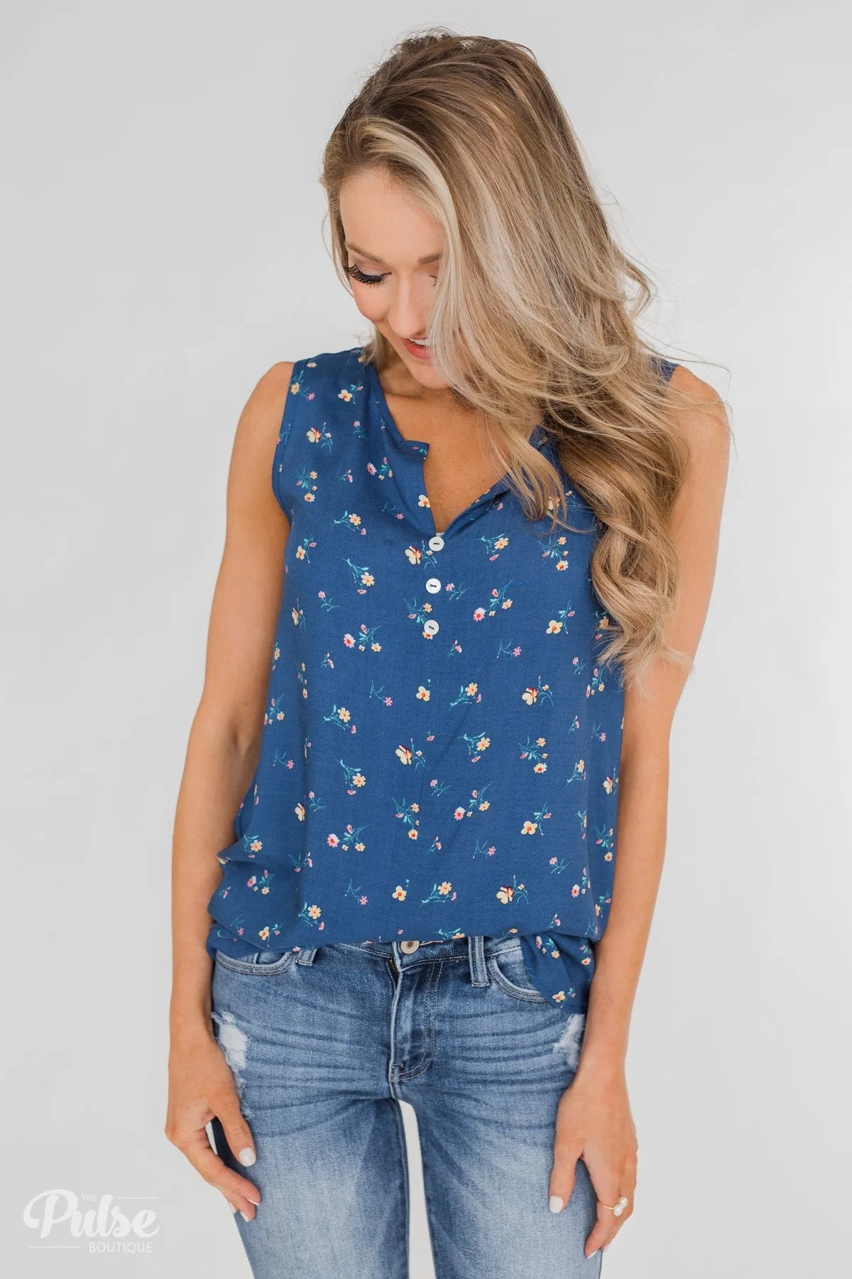 Spring Blooms Floral Tank Top- Sapphire Blue