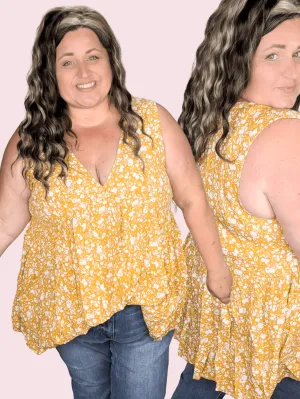 Tawnie Vneck Babydoll Tank in Gold   Ivory Floral