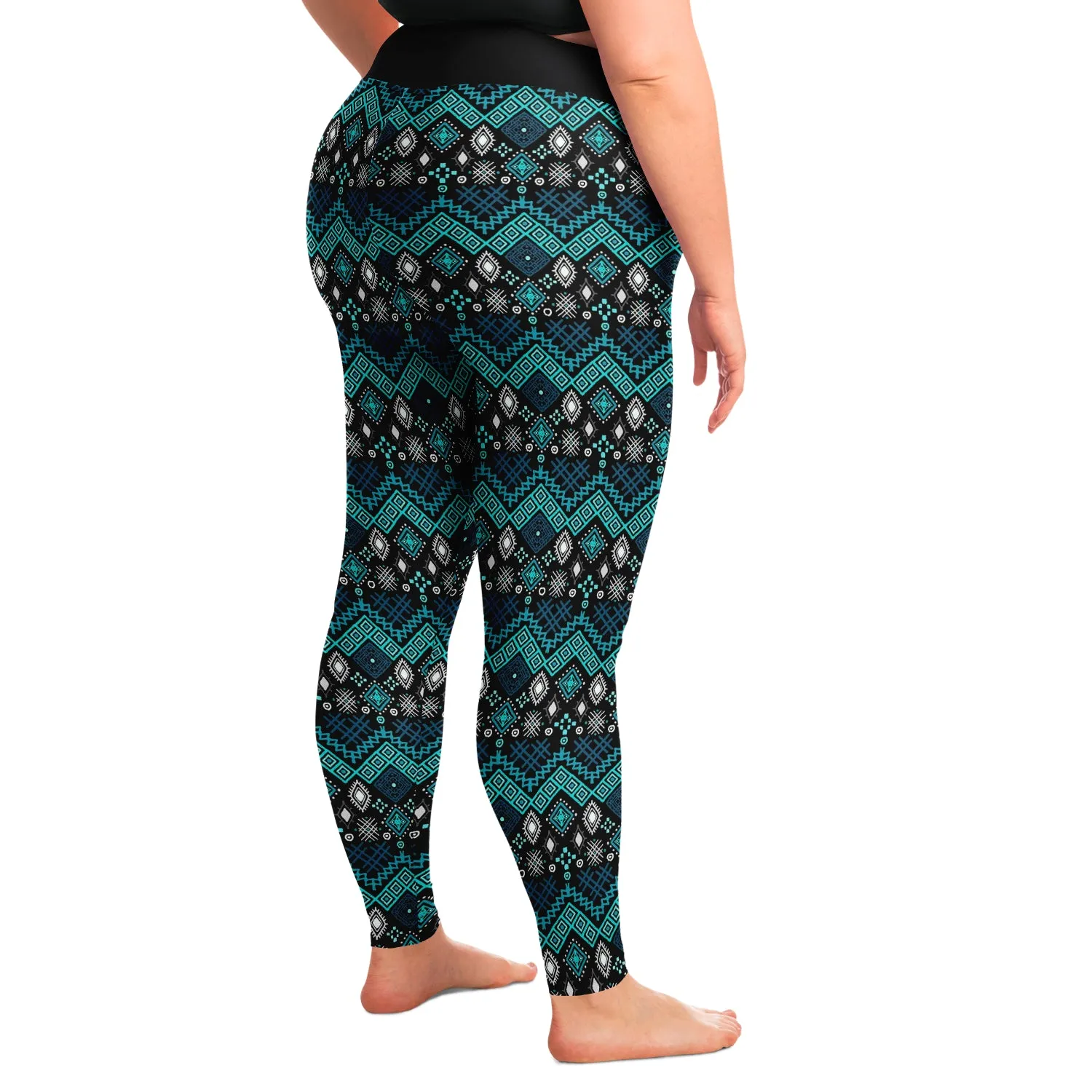 Teal Blue Ethnic Pattern Plus Size Leggings 2x-6x Squatproof