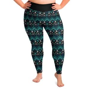 Teal Blue Ethnic Pattern Plus Size Leggings 2x-6x Squatproof