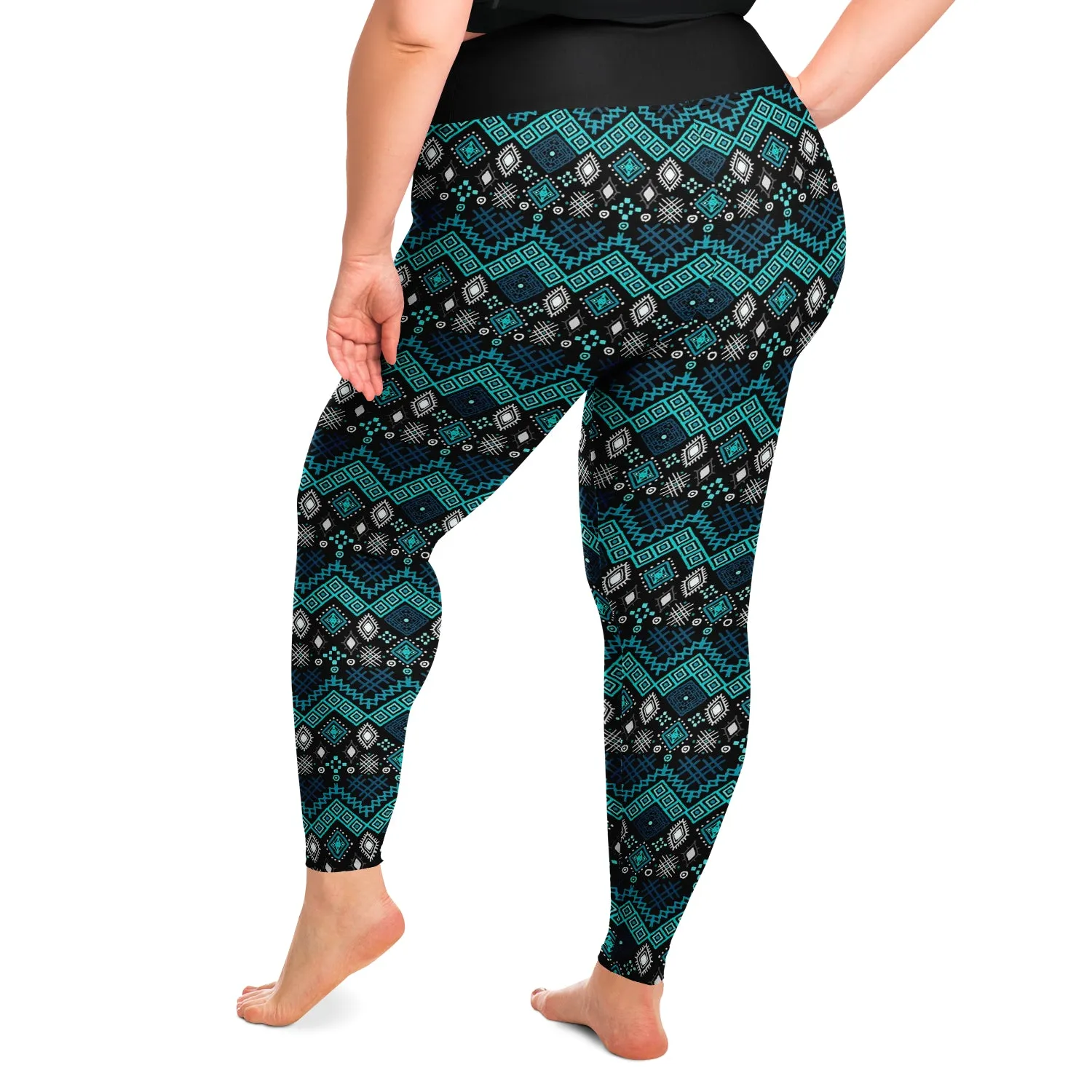 Teal Blue Ethnic Pattern Plus Size Leggings 2x-6x Squatproof