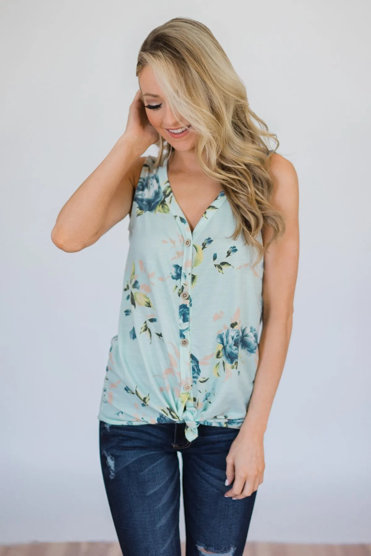 Touch the Sky Floral Tie Tank Top- Mint
