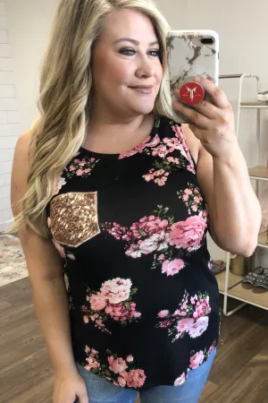 Unbelievably Beautiful Floral Glam Pocket Tank- Black