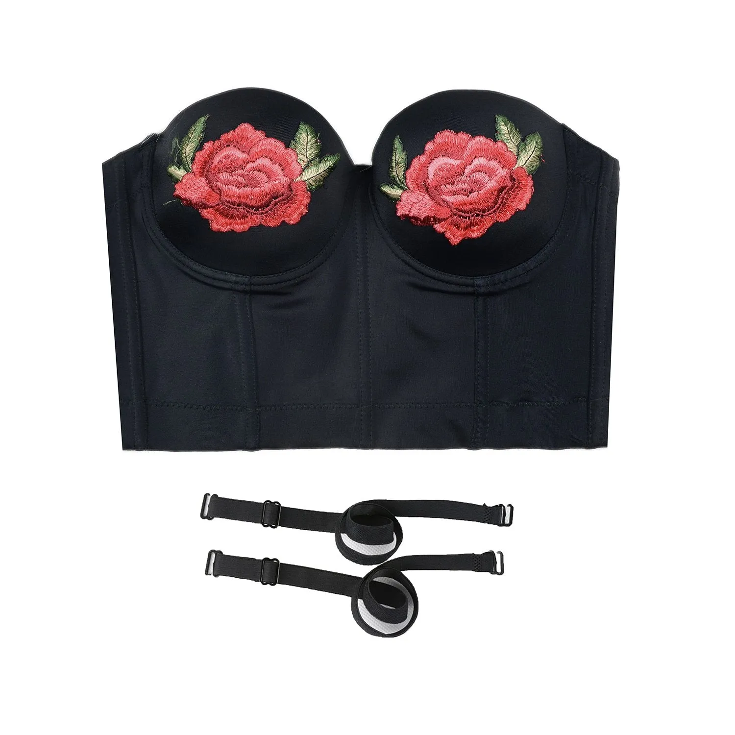 Women Embroidery Rose Smooth Bustier Crop Top Corset with Detachable Straps