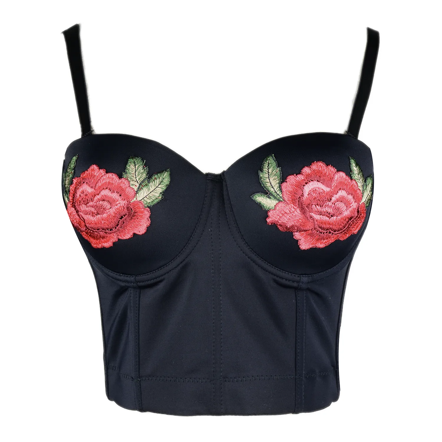Women Embroidery Rose Smooth Bustier Crop Top Corset with Detachable Straps