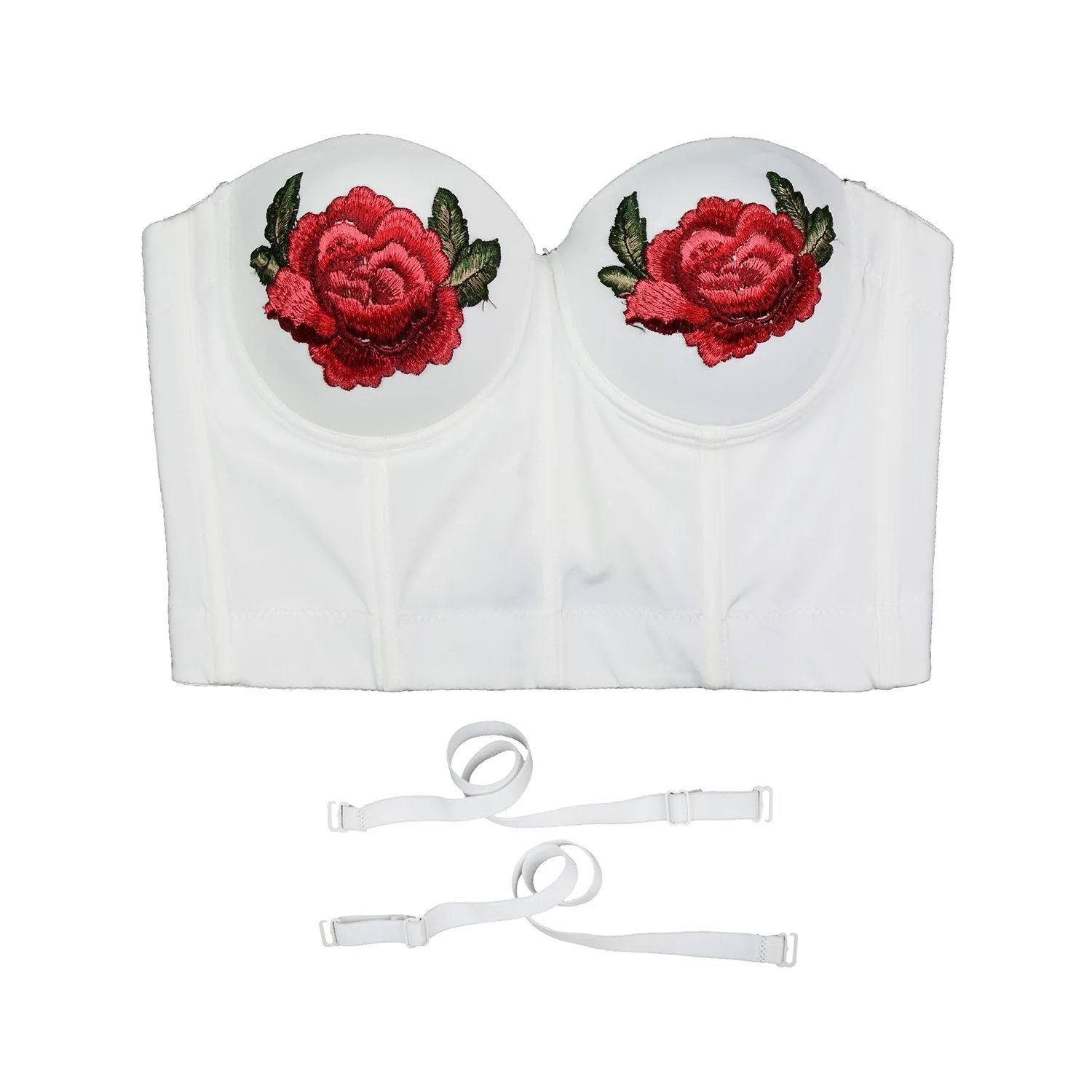 Women Embroidery Rose Smooth Bustier Crop Top Corset with Detachable Straps