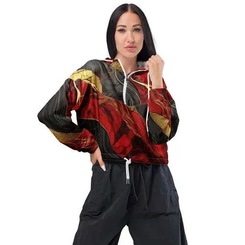 Womens Cropped Windbreaker Jacket - Bold Red Gold Tones Print