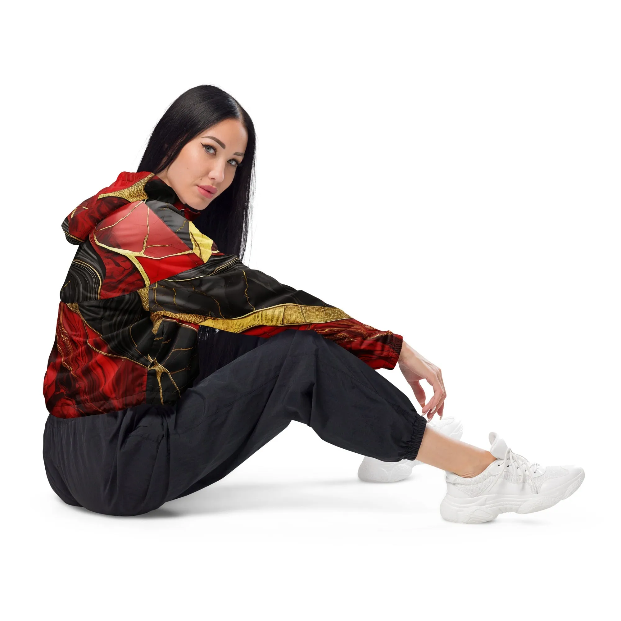 Womens Cropped Windbreaker Jacket - Bold Red Gold Tones Print
